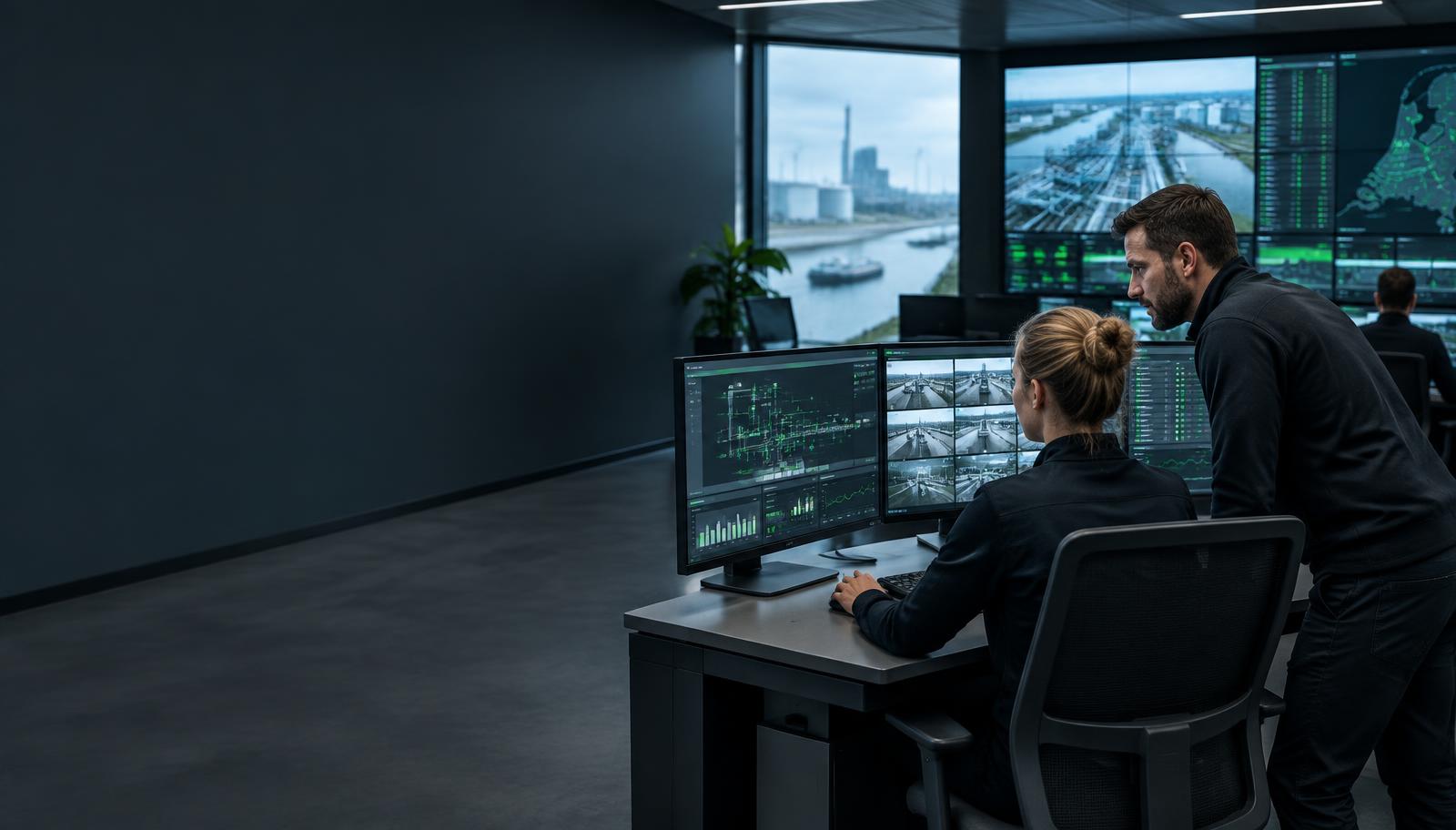 Securityprofessionals in een controlekamer voor vitale infrastructuur